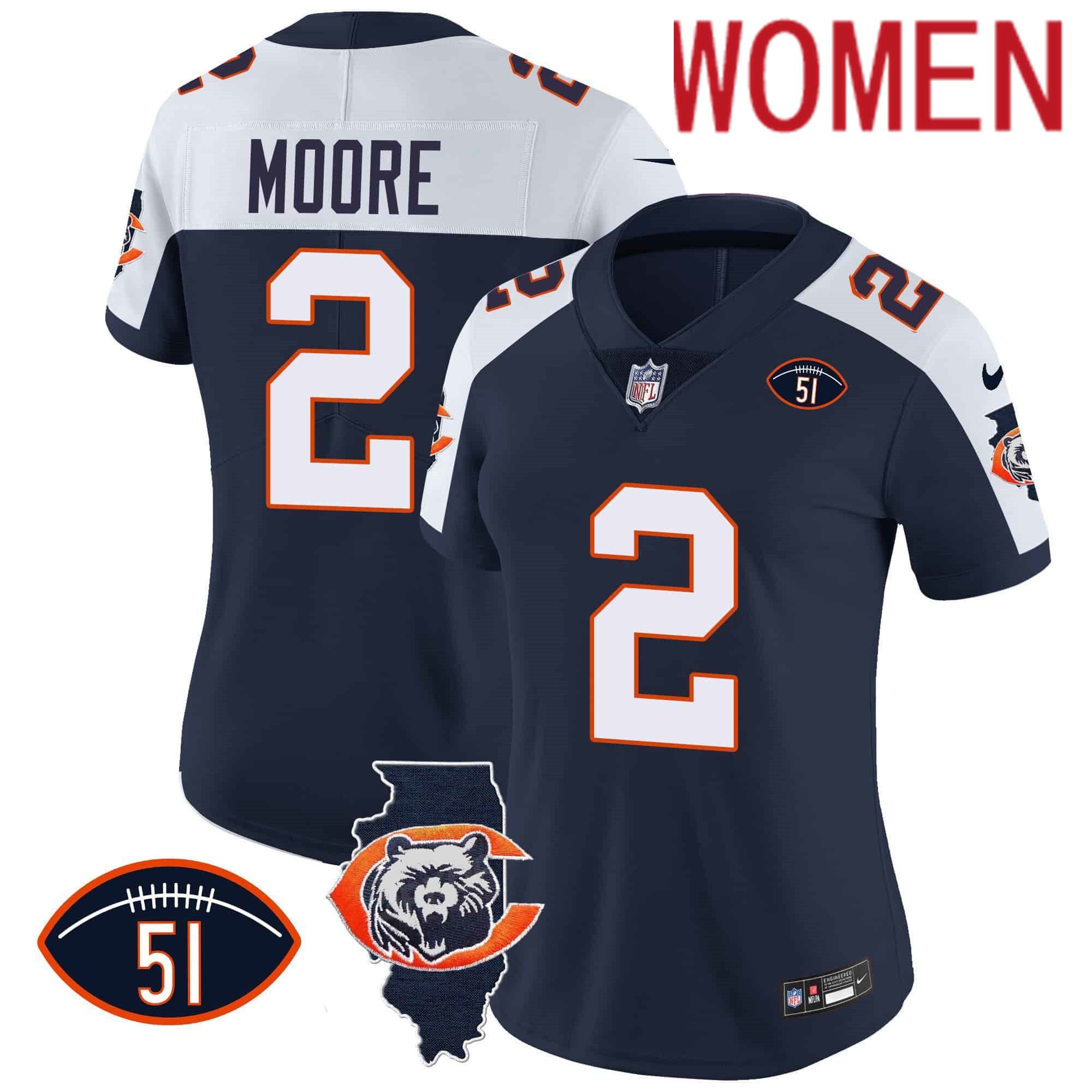 Women Chicago Bears #2 Moore Blue 2024 Nike Throwback Illinois Patch Vapor NFL Jersey